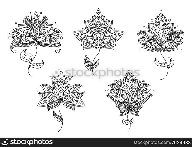 Ornate calligraphic black and white floral motifs in Persian paisley style for design isolated on white background
