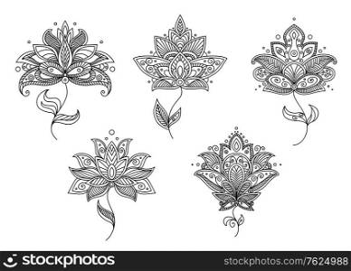 Ornate calligraphic black and white floral motifs in Persian paisley style for design isolated on white background