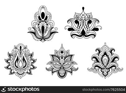 Ornate calligraphic black and white floral motifs in Persian paisley style for design isolated on white background. Black and white floral motifs of Persian style