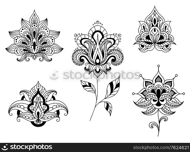 Ornate calligraphic black and white floral motifs of persian paisleys in line format for use as design elements isolated on white