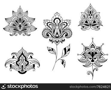 Ornate calligraphic black and white floral motifs of persian paisleys in line format for use as design elements isolated on white