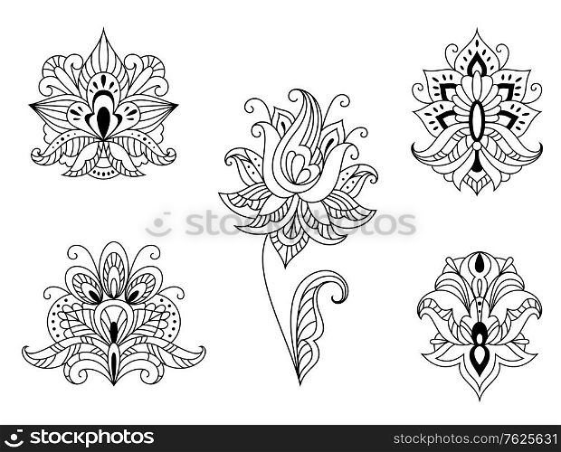 Ornate calligraphic black and white floral motifs of Persian paisleys in outline style for use as design elements isolated on white. Black and white floral motifs of Persian paisley