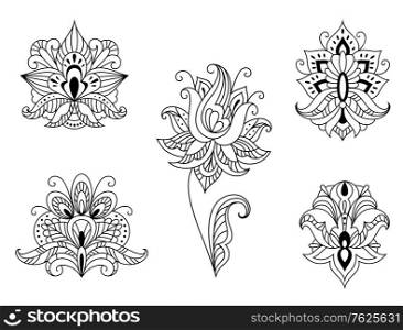 Ornate calligraphic black and white floral motifs of Persian paisleys in outline style for use as design elements isolated on white. Black and white floral motifs of Persian paisley