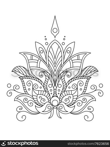 Ornate dainty vintage floral motif in a black and white calligraphic outline for design and ornate
