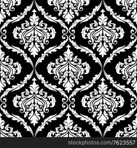 Ornate damask arabesque design with floral motifs in a seamless black and white pattern in square format, suitable for fabric and wallpaper