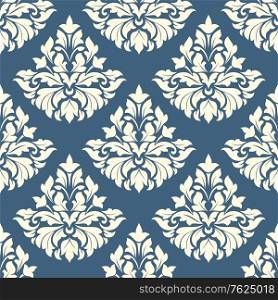 Ornate damask style floral pattern on blue background in a seamless pattern in square format suitable for tiles, wallpaper and textile design