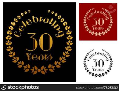Ornate foliate wreathes in three variations isolated on background for anniversary and heraldry design. These icons depicts the completion of 30 years or 3 decades. Golden foliate wreathes for anniversary design