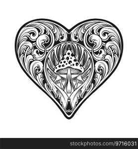 Ornate heart shape with enchanted fungi outline vector illustrations for your work logo, merchandise t-shirt, stickers and label designs, poster, greeting cards advertising business company or brands