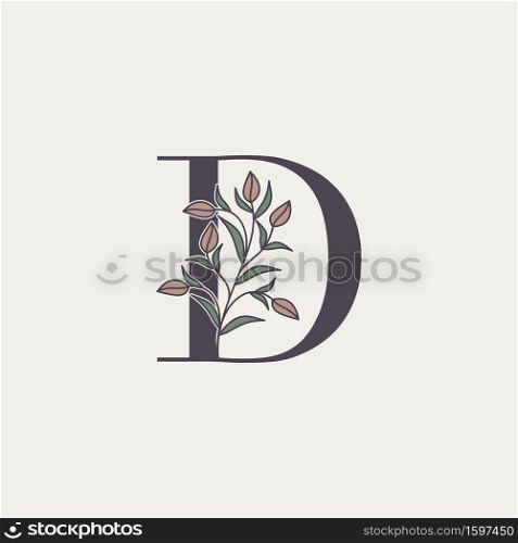 Ornate Initial Letter D logo icon, vector letter with flower and natural leaf clip art designs.