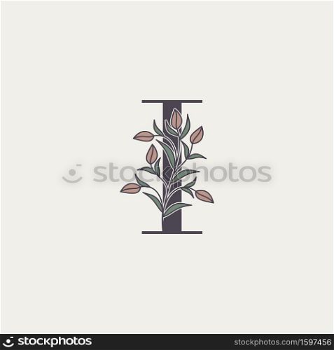 Ornate Initial Letter I logo icon, vector letter with flower and natural leaf clip art designs.