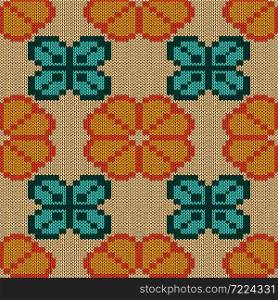 Ornate knitting seamless vector pattern in orange, beige and turquoise blue hues as a fabric texture