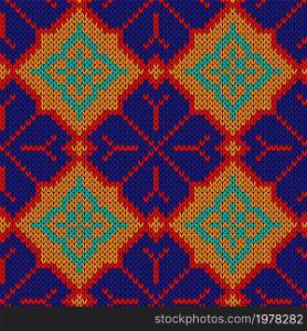 Ornate knitting seamless vector pattern in orange, red, turquoise and blue hues as a fabric texture