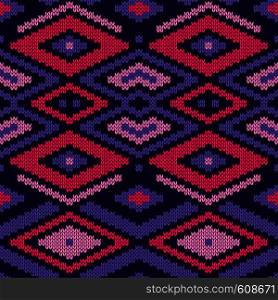 Ornate knitting seamless vector pattern in violet and pink hues as a fabric texture