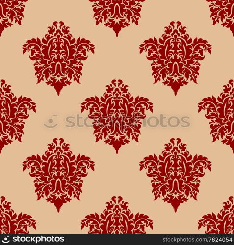 Ornate maroon damask style seamless pattern with repeat floral arabesque motifs in square format suitable for fabric or wallpaper design. Ornate maroon damask style seamless pattern