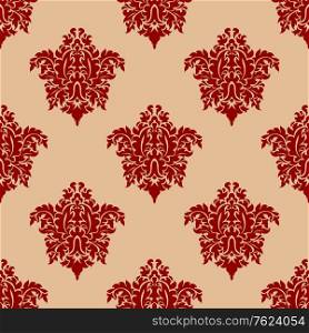Ornate maroon damask style seamless pattern with repeat floral arabesque motifs in square format suitable for fabric or wallpaper design. Ornate maroon damask style seamless pattern