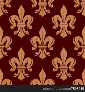 Ornate medieval french floral ornament with seamless fleur-de-lis pattern on bright red background. Fabric, textile or interior design. French floral seamless fleur-de-lis pattern
