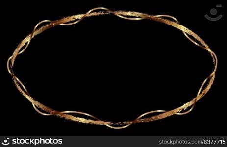 Ornate oval gold frame on a black background. Drawn textured borders with gold or copper effect. Vector elegant borders design.. Ornate oval gold frame on a black background