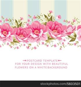 Ornate pink flower border with tile. Elegant Vintage card design. Vector illustration.