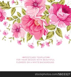 Ornate pink flower decoration with text label. Elegant Vintage Greeting card design. Vector illustration.