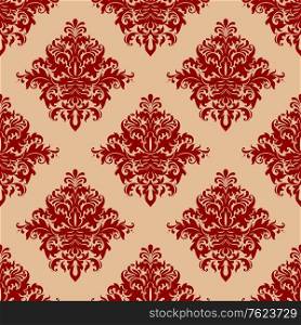 Ornate red vintage damask style seamless pattern with large diamond shaped floral and foliate motifs in a repeat pattern