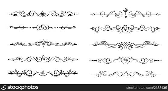 Ornate retro text delimiters, paragraph dividers, page footer decoration lines, borders, vignettes. Set of hand-drawn symmetric romantic elements in oriental mehendi style on white for prints, design. Set of ornate text delimiters, dividers, page bottom decoration lines, borders, or vignettes. Hand-drawn elements
