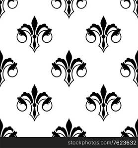 Ornate stylized fluer de lys seamless pattern with curled foliate elements in a black and white silhouette, vector illustration