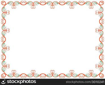 Ornate swirl red and green floral Valentine frame with hearts on the white background, vector illustration