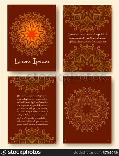 Ornate vintage pages with mandala pattern. Decorative templates for brochure, flyer, booklet in eastern motifs. Vector illustration.