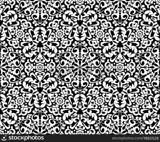 Ornate white pattern on a black background. Demaski seamless elegant pattern. Lace pattern. Black and white color. Vector graphic vintage pattern. For fabric, tile, wallpaper or packaging.