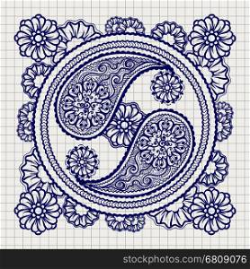Ornate yin-yang sign on notebook background. Hand drawn ornate yin-yang sign on notebook background. Vector illustration