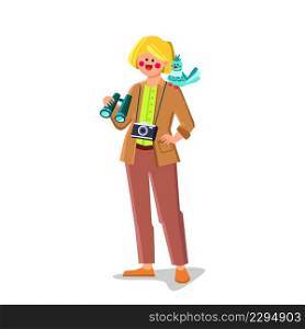 Ornithologist Woman Research And Look Bird Vector. Ornithologist Young Lady With Binoculars And Photo Camera Birdwatching And Researching. Character Hobby Of Nature Flat Cartoon Illustration. Ornithologist Woman Research And Look Bird Vector