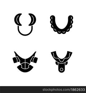 Orthodontic appliances black glyph icons set on white space. Realigning teeth device. Cheek retractor. Impression tray. Straightening treatment. Silhouette symbols. Vector isolated illustration. Orthodontic appliances black glyph icons set on white space