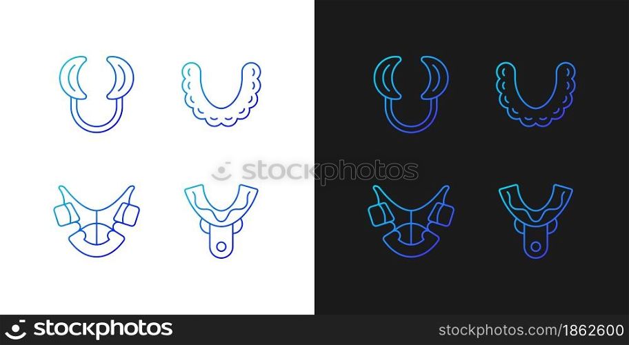 Orthodontic appliances gradient icons set for dark and light mode. Realigning teeth device. Thin line contour symbols bundle. Isolated vector outline illustrations collection on black and white. Orthodontic appliances gradient icons set for dark and light mode
