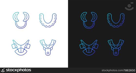 Orthodontic appliances gradient icons set for dark and light mode. Realigning teeth device. Thin line contour symbols bundle. Isolated vector outline illustrations collection on black and white. Orthodontic appliances gradient icons set for dark and light mode