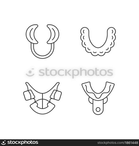 Orthodontic appliances linear icons set. Realigning teeth device. Cheek retractor. Impression tray. Customizable thin line contour symbols. Isolated vector outline illustrations. Editable stroke. Orthodontic appliances linear icons set