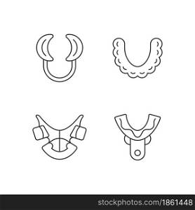 Orthodontic appliances linear icons set. Realigning teeth device. Cheek retractor. Impression tray. Customizable thin line contour symbols. Isolated vector outline illustrations. Editable stroke. Orthodontic appliances linear icons set