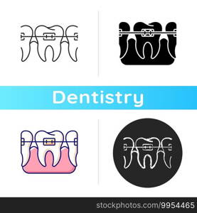 Orthodontics icon. Total orthodontics. Instruments for dental treatment. Family orthodontics. Dental braces. Linear black and RGB color styles. Isolated vector illustrations. Orthodontics icon