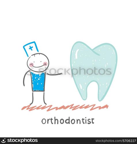 orthodontist is with great teeth. Fun cartoon style illustration. The situation of life.