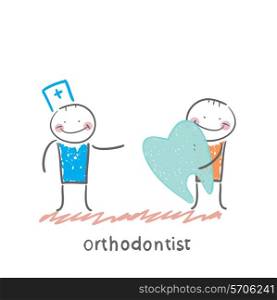 orthodontist patient receives a bad tooth. Fun cartoon style illustration. The situation of life.