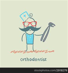 orthodontist with a tool for pulling a tooth