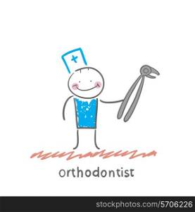orthodontist with a tool for pulling a tooth