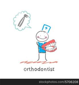 orthodontist with the jaw in the hands of thinking about the tool for pulling teeth