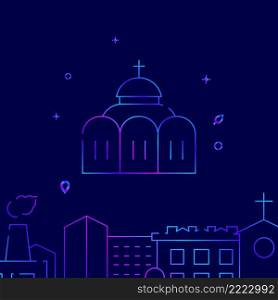 Orthodox christian church with dome gradient line vector icon, simple illustration on a dark blue background, cityscape buildings related bottom border.. Orthodox christian church with dome gradient line icon, buildings vector illustration