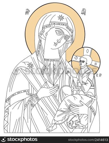 Orthodox icon of Holy Mother, God Mother of God Queen of Heaven with Divine Son Jesus Christ Child. Virgin Mary Directress Icon. Linear hand drawing. vector illustration, outline