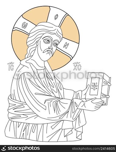 Orthodox icon of Jesus Christ. Savior Christ with gospel. Vector illustration. Linear hand drawing, outline. For decoration of Orthodox and Catholic holidays. Christ Ruler of All