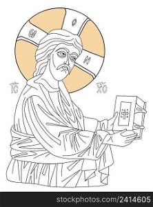 Orthodox icon of Jesus Christ. Savior Christ with gospel. Vector illustration. Linear hand drawing, outline. For decoration of Orthodox and Catholic holidays. Christ Ruler of All