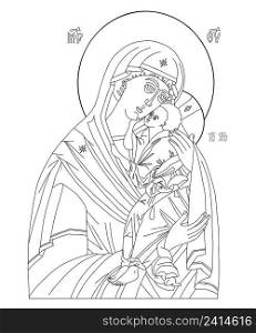 Orthodox icon of Virgin. Holy Mother, God Mother of God Queen of Heaven with Jesus Christ Child. Eleusa, Linear hand drawing. Vector illustration icon Virgin Mary tenderness