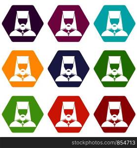 Orthodox priest icon set many color hexahedron isolated on white vector illustration. Orthodox priest icon set color hexahedron
