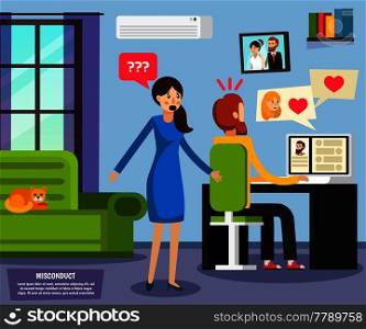 Orthogonal flat composition with unhappy wife and husband talking with girl friend by computer vector illustration  . Unhappy Wife Orthogonal Composition