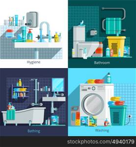Orthogonal Hygiene Icons 2x2 Design Concept . Orthogonal hygiene icons 2x2 flat concept set of hygiene bathroom washing and bathing design compositions vector illustration